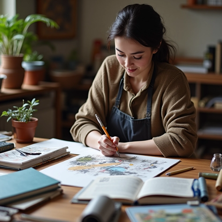 Artesão elaborando um plano de negócios detalhado em um caderno.
