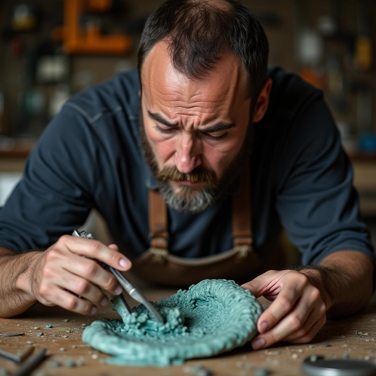 Artesão frustrado examinando resina pegajosa que não curou.