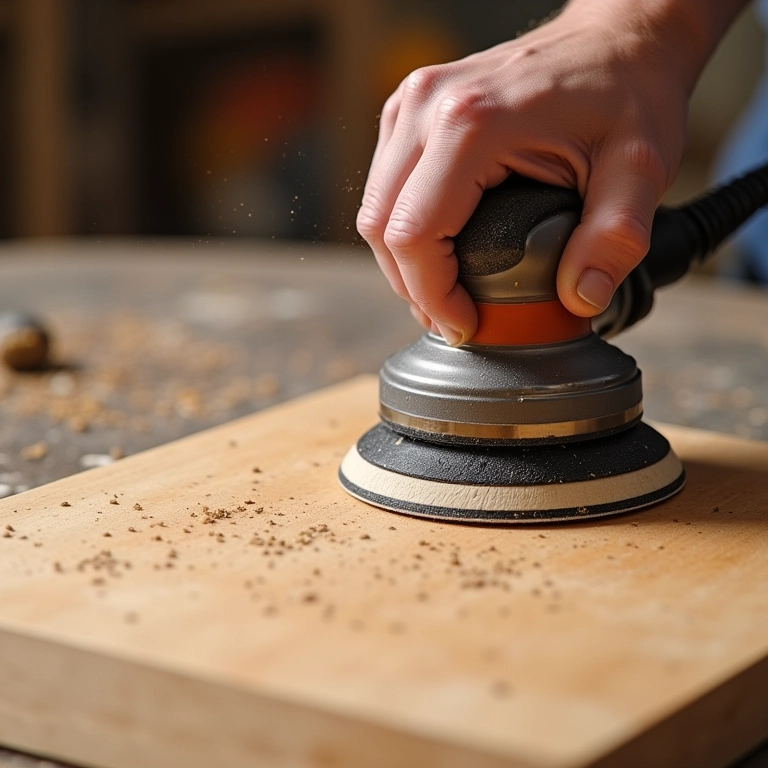 Artesão lixando superfície de madeira antes da aplicação do verniz.