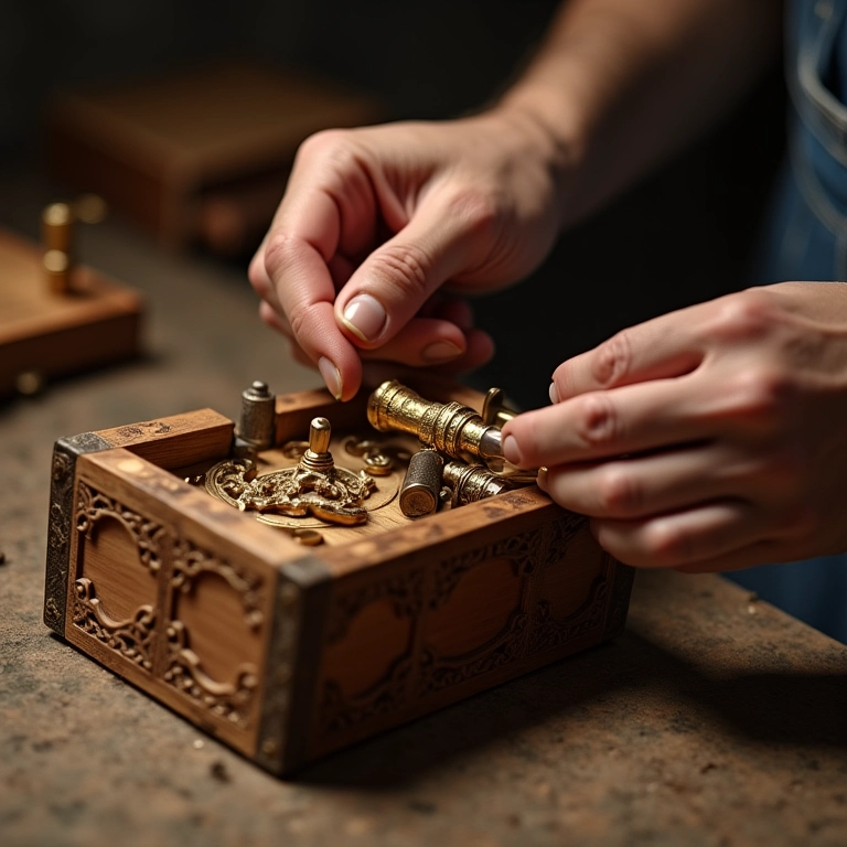 Artesão montando caixa de música artesanal com detalhes delicados.