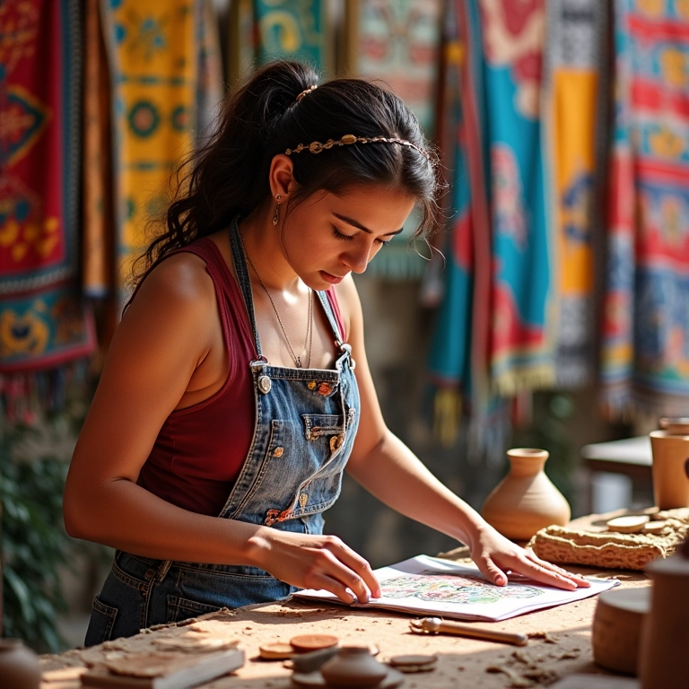 Artesão montando um estande atraente e funcional em uma feira de artesanato.