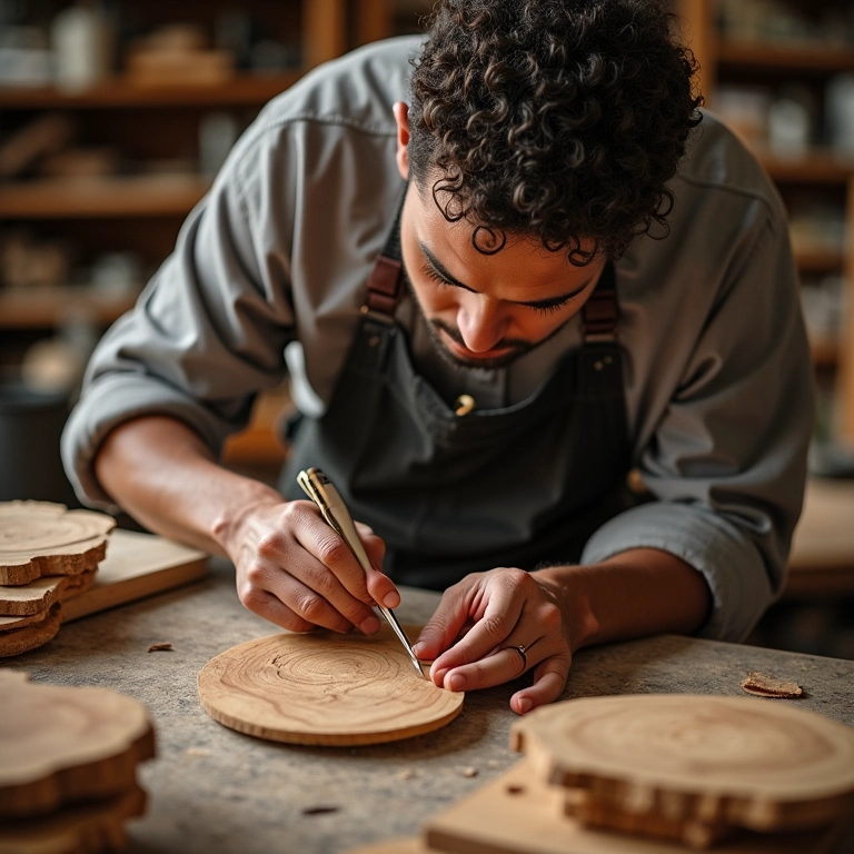 Artesão trabalhando com madeira sustentável, criando presentes com propósito.
