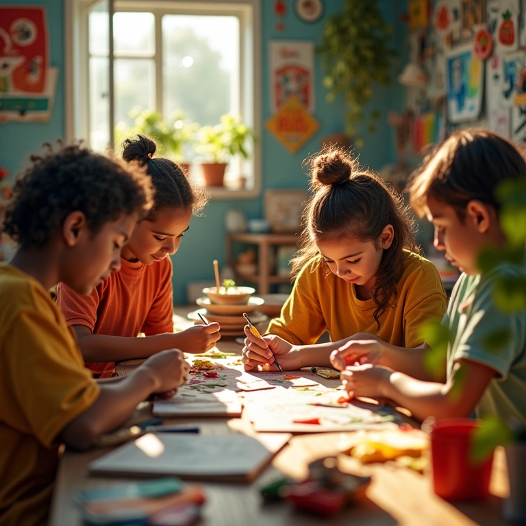 Artesãos brasileiros criando presentes personalizados para o Dia dos Pais em oficina vibrante.