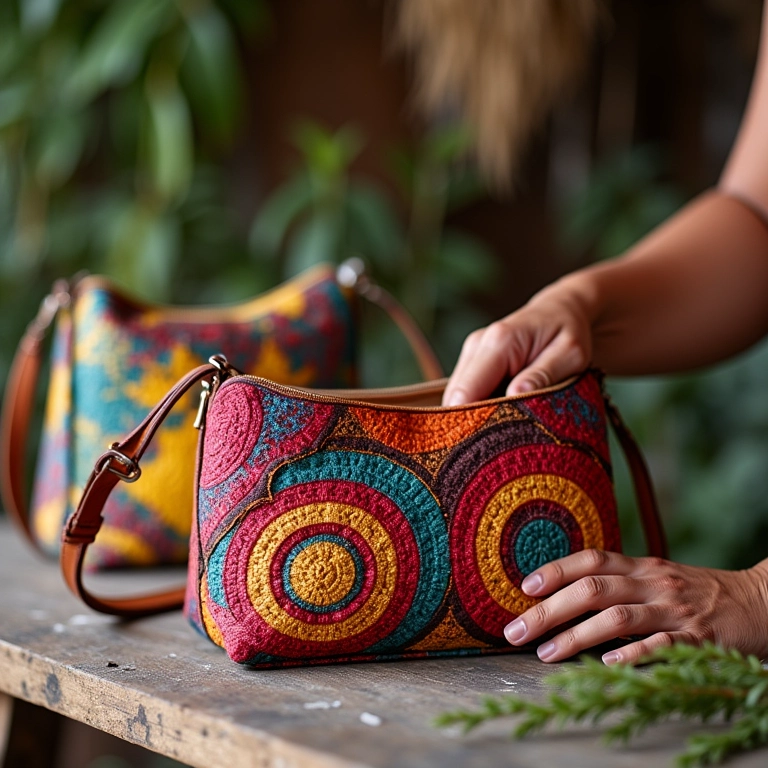 Artesãos criando bolsas coloridas em estilo brasileiro.