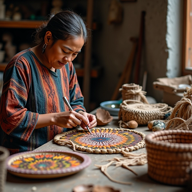 Artesãos indígenas produzindo cestos e bordados detalhados.