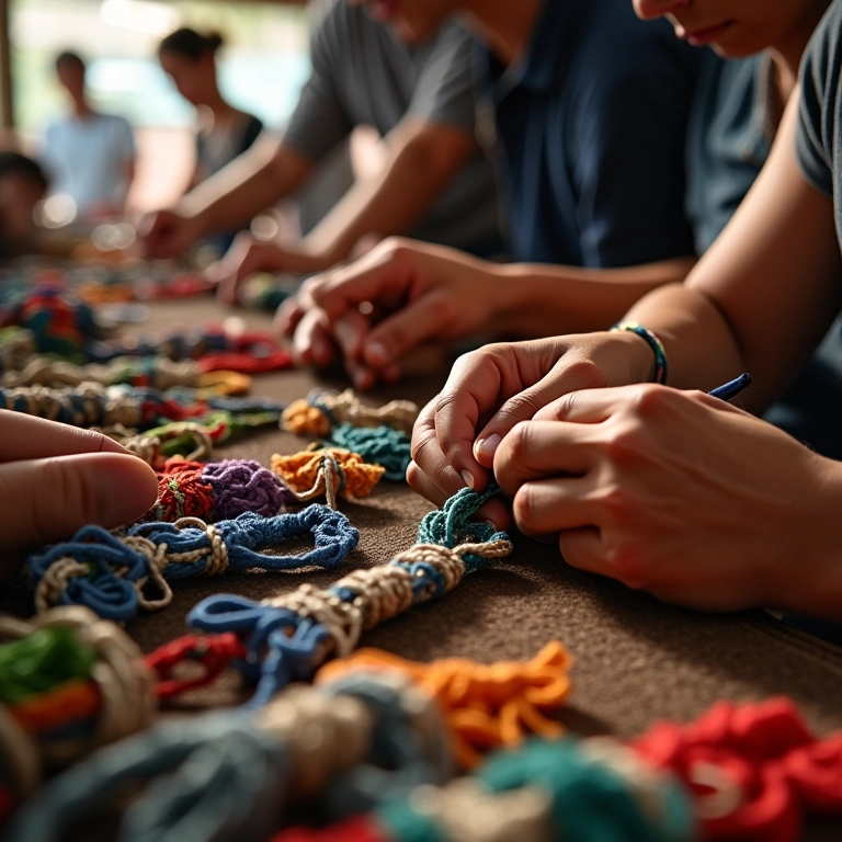 Artesãs criando chaveiros de macramê coloridos em oficina ensolarada.