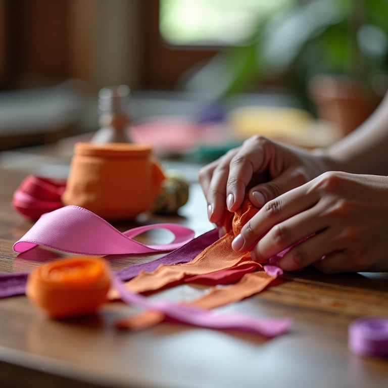 Artesãs criando organizadores de fitas coloridas em mesa de madeira.