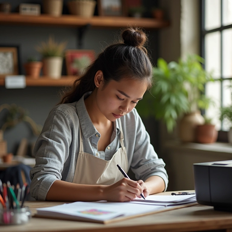 Artisan defining needs for printer, surrounded by craft supplies, natural light, 8K quality, sharp Artesã definindo suas necessidades de impressão para artesanato.