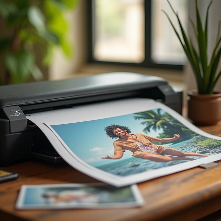 Artisan using high-quality paper in a printer, vibrant colors, natural light, 8K quality, sharp Artesã usando papel de qualidade em impressora para artesanato.