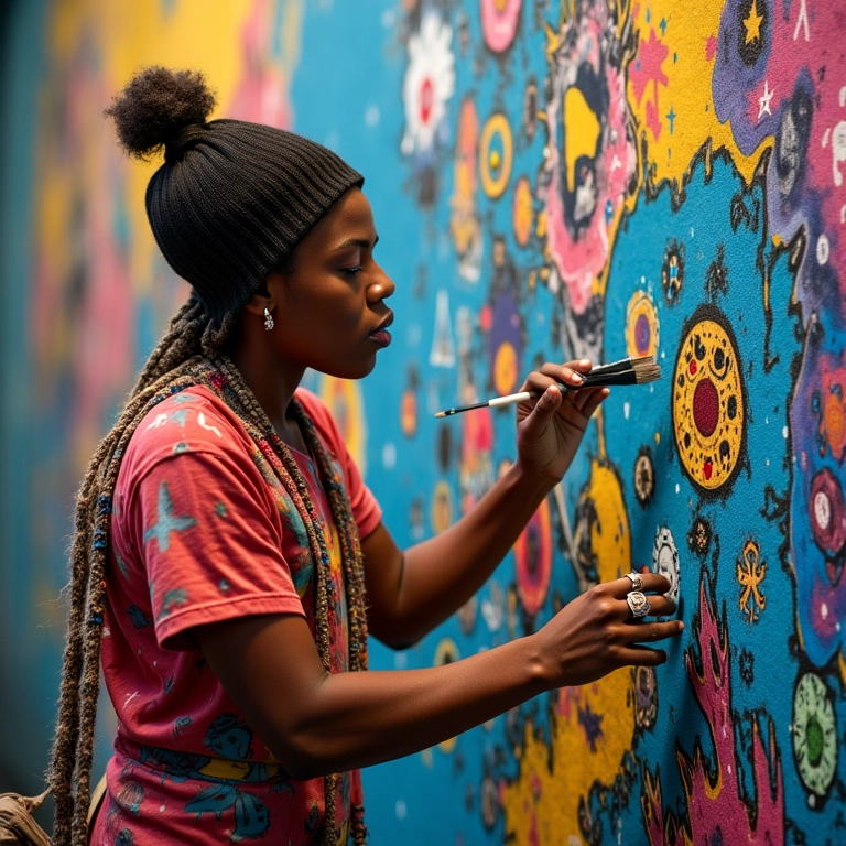 Artista brasileira criativa pintando um mural futurista, vestindo roupas excêntricas.