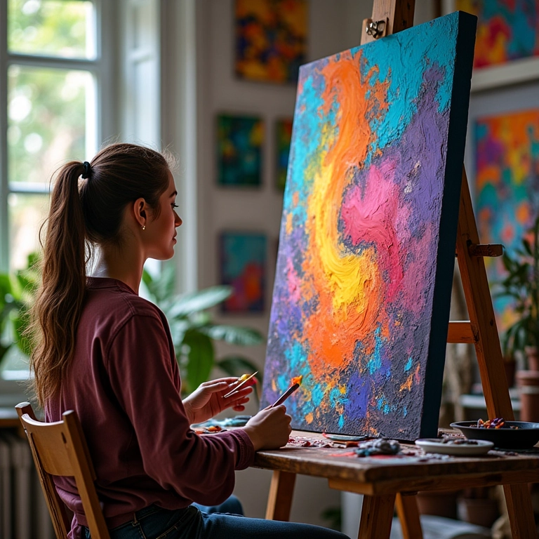 Artista de Câncer criando uma obra de arte vibrante em um estúdio colorido.