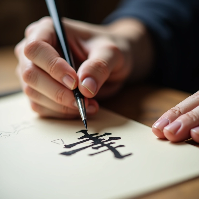 Artista praticando caligrafia Shodo com ferramentas tradicionais.
