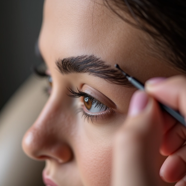 Artista realizando microblading, criando fios realistas nas sobrancelhas.