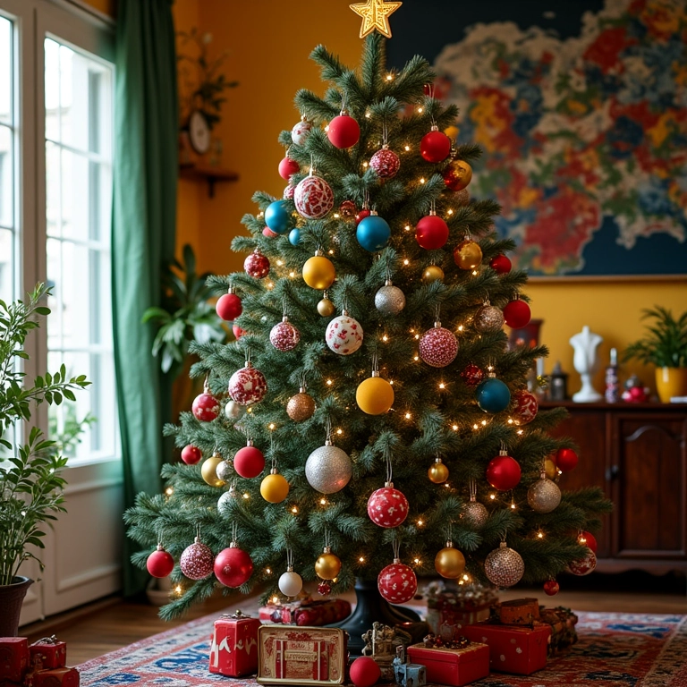 Árvore de Natal colorida com enfeites misturados, simbolizando alegria e diversidade.