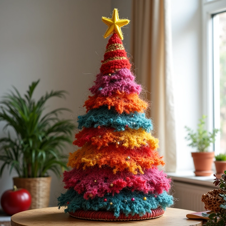 Árvore de Natal de barbante colorida, um projeto DIY criativo.