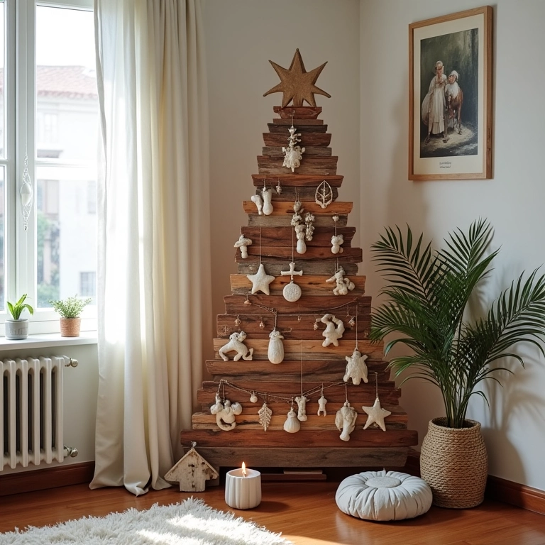 Árvore de Natal DIY feita com madeira reaproveitada em apartamento brasileiro.