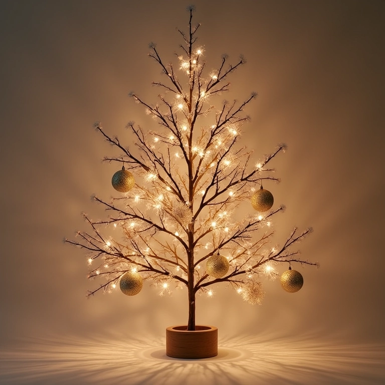 Árvore de Natal elegante feita com galhos secos e enfeites delicados.