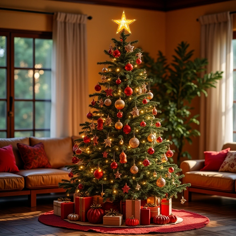 Árvore de Natal ricamente decorada com bolas coloridas em sala de estar brasileira aconchegante.