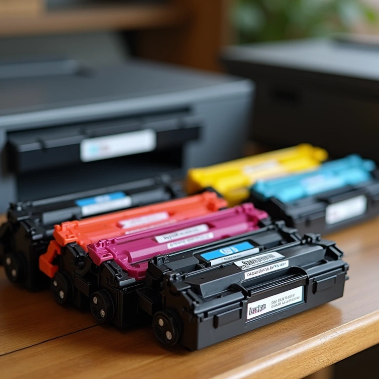 Assortment of colorful toner cartridges (original and compatible) displayed on a crafter's table. Variedade de toners originais e compatíveis para artesanato.