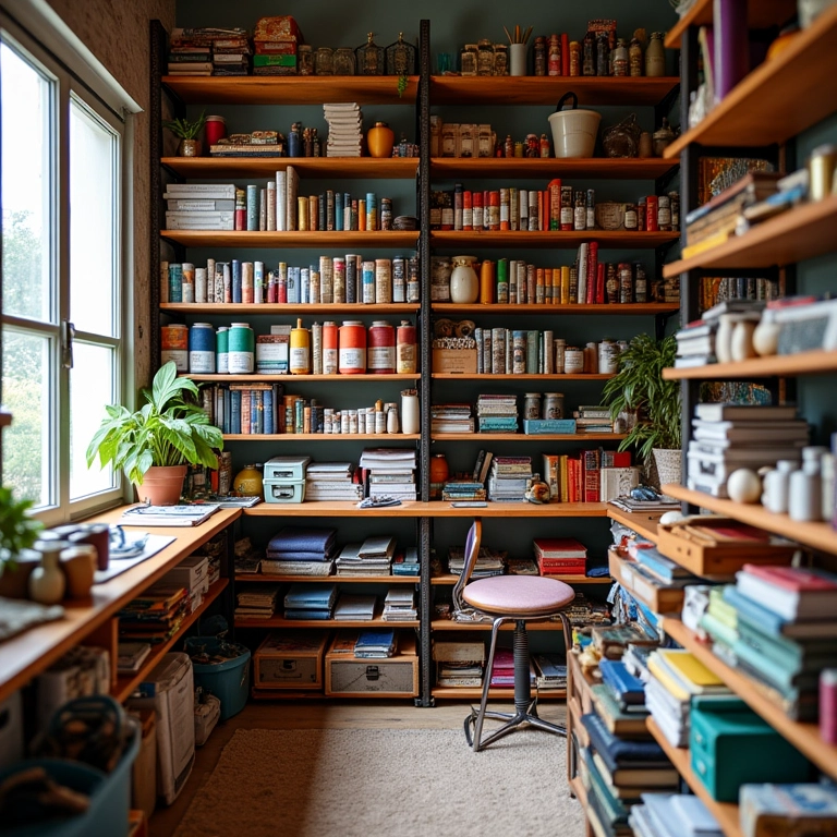 Ateliê de artesanato vibrante e organizado com materiais coloridos e iluminação natural.
