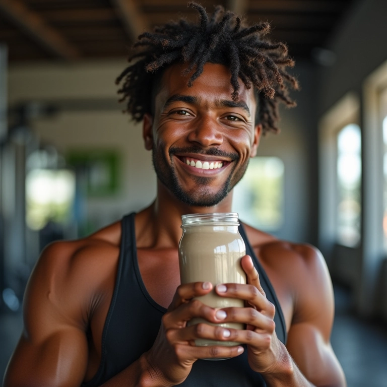 Atleta brasileiro sorrindo, bebendo shake de proteína após o treino.