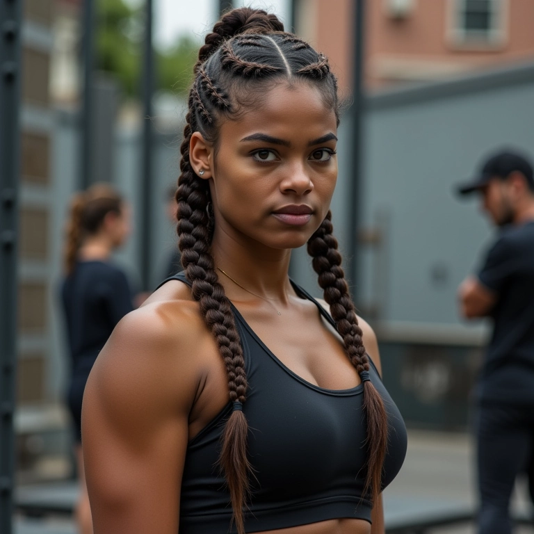 Atleta feminina com tranças boxeadoras durante treino.