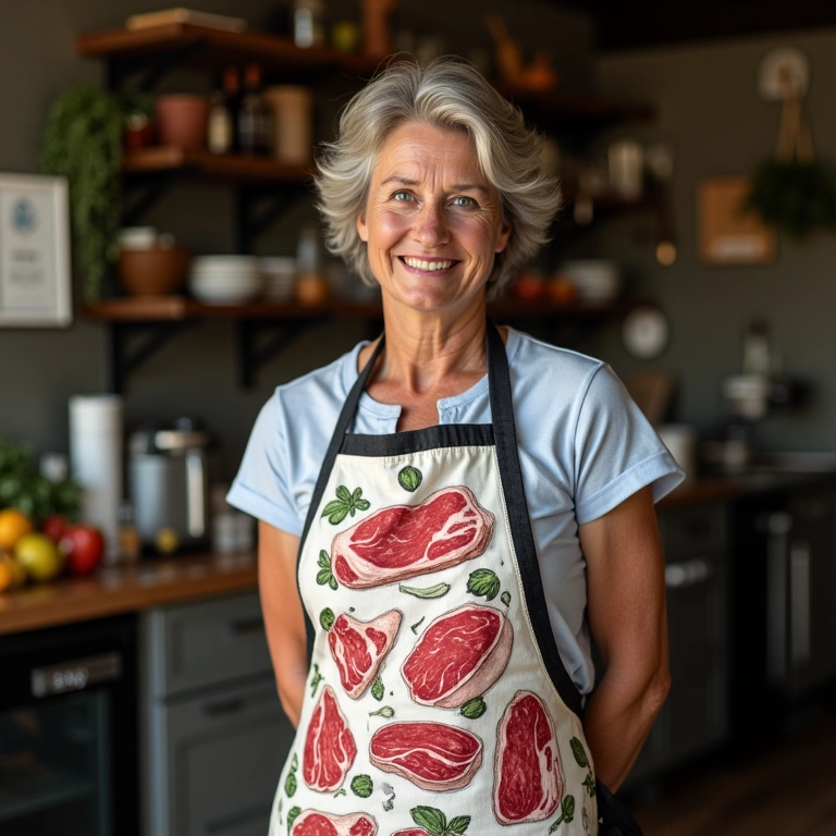 Avental decorado com ilustrações de cortes de carne para o Dia do Açougueiro.