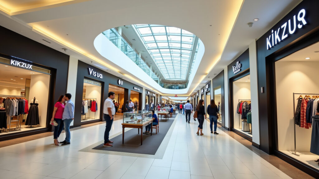 Aventura Mall, Miami. Shoppers browsing stores, diverse brands, modern architecture, bright Aventura Mall: Paraíso das compras em Miami.