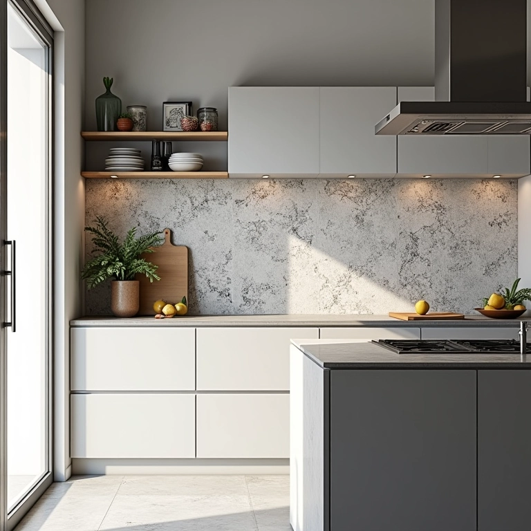 Azulejos 3D na parede de uma cozinha moderna.