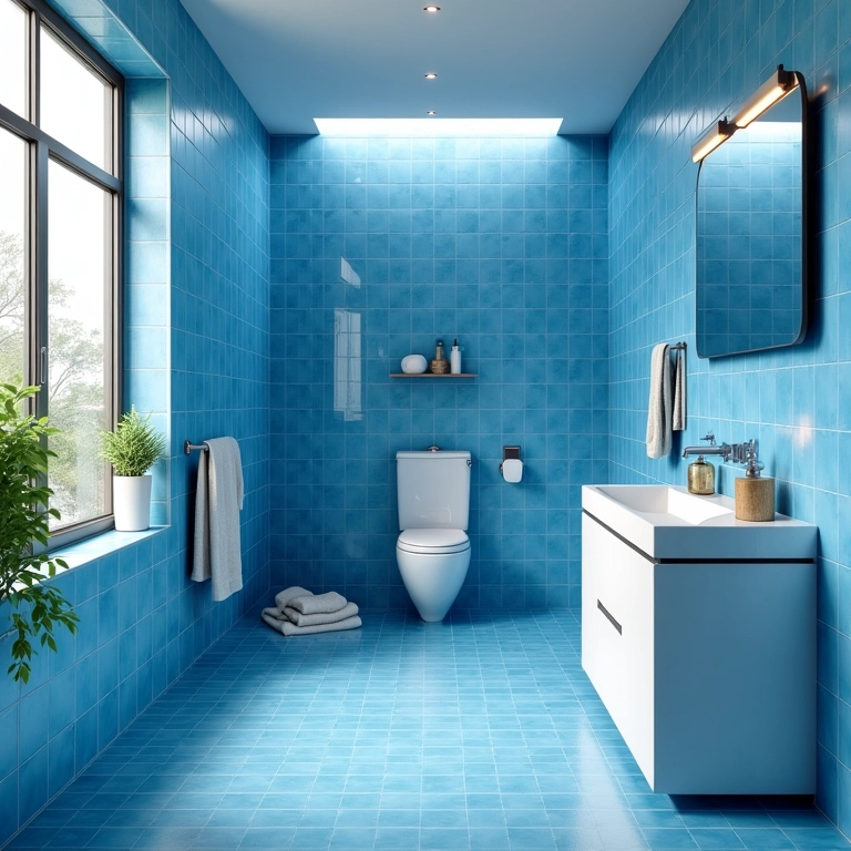Azulejos azuis em banheiro moderno com iluminação natural.