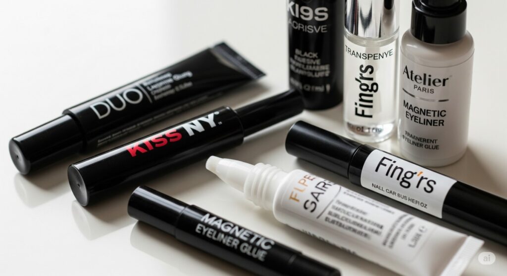 Foto em close-up de diferentes tipos de cola para cílios (preta, transparente, magnética) com marcas como DUO, Kiss NY, Fing