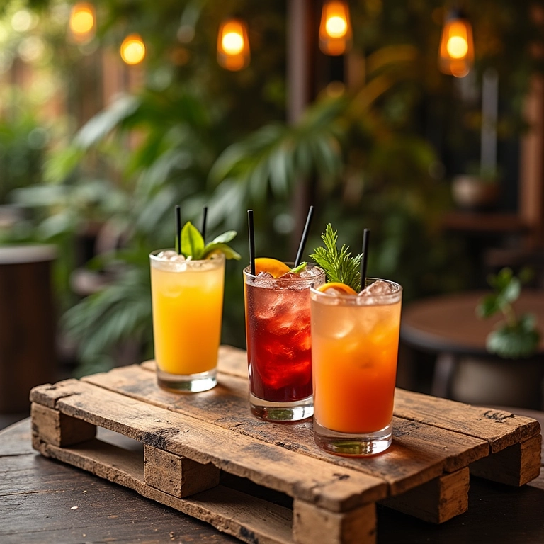 Balcão bar de pallet em uma varanda, com coquetéis brasileiros.