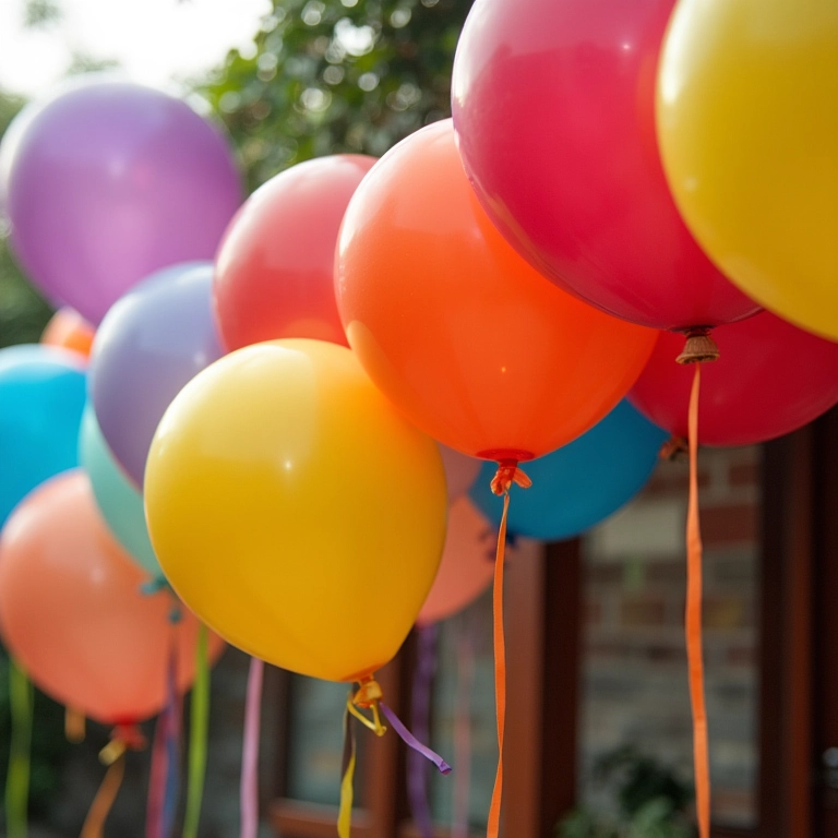Balões de papel coloridos decorando uma festa de São João ao ar livre.