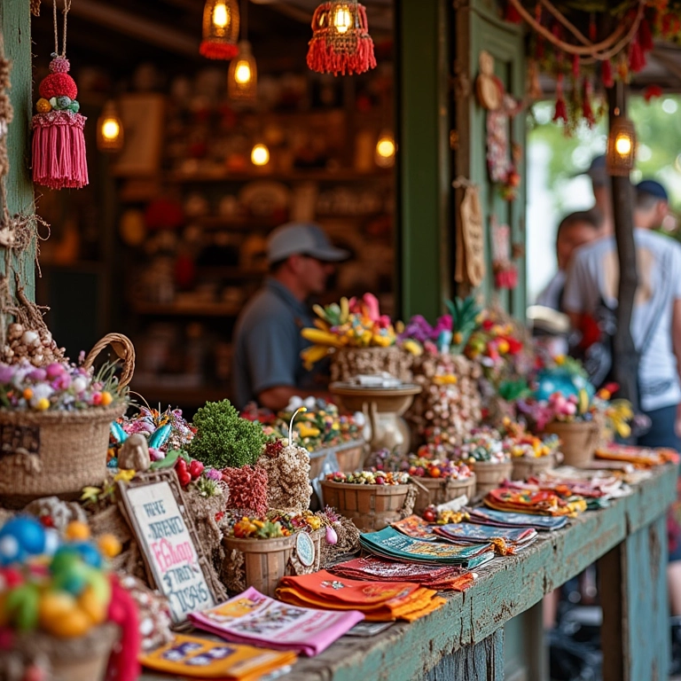 Banca de artesanato vibrante em mercado brasileiro para o Dia do Pecuarista.