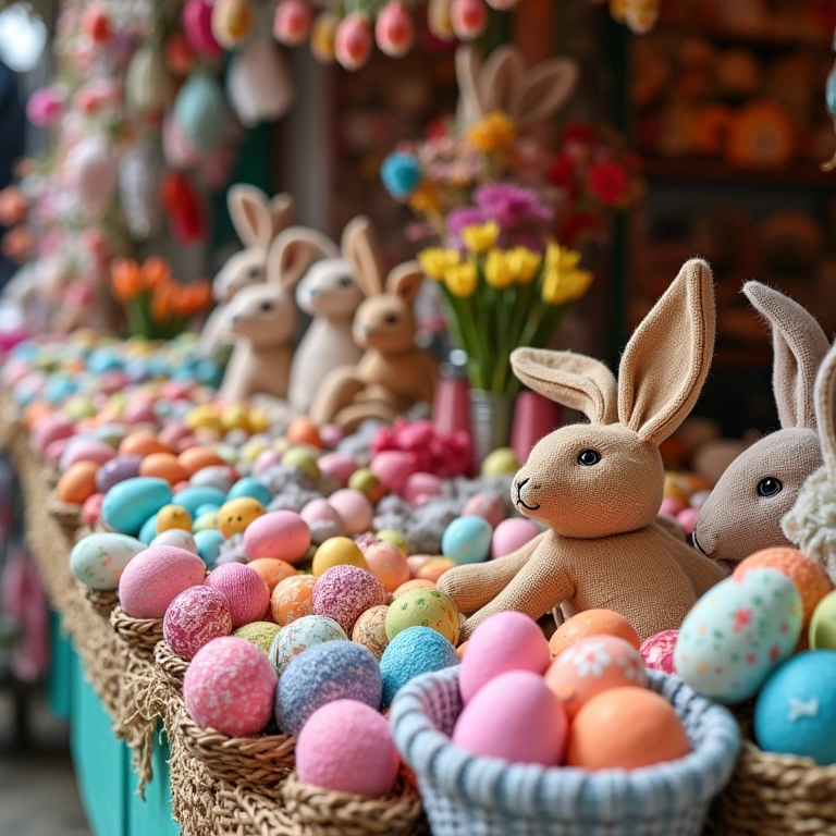 Banca de mercado vibrante com artesanato de Páscoa, ovos decorados e coelhos de pelúcia.