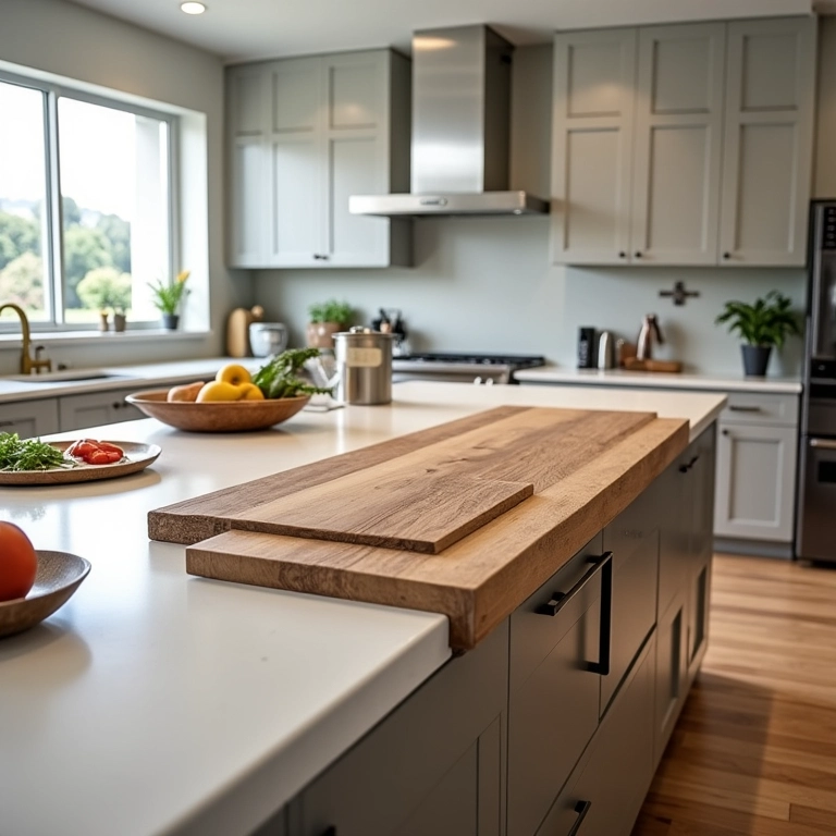 Bancada de cozinha com diferentes alturas para ergonomia.