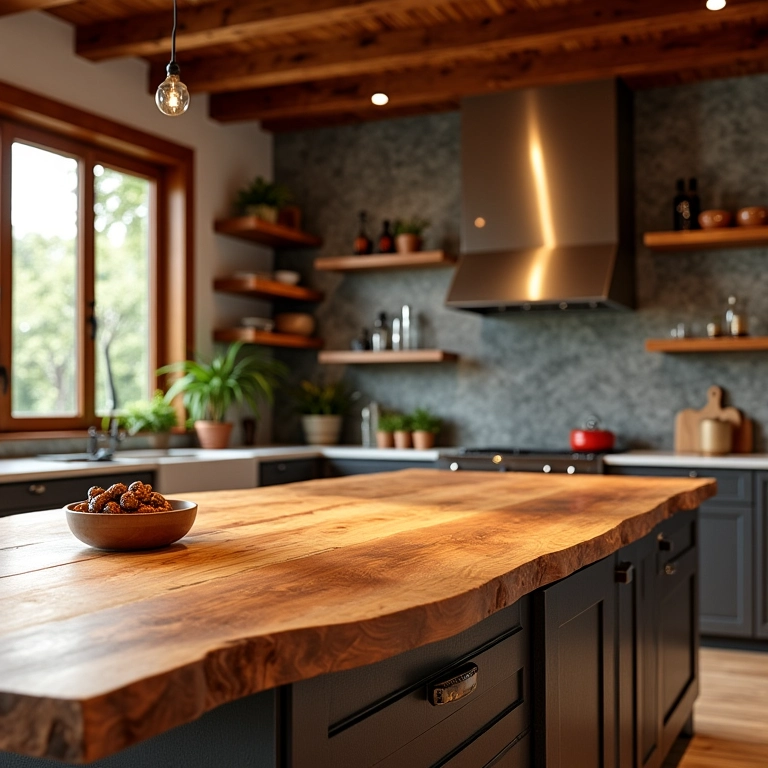 Bancada de madeira clara em cozinha moderna com decoração brasileira.