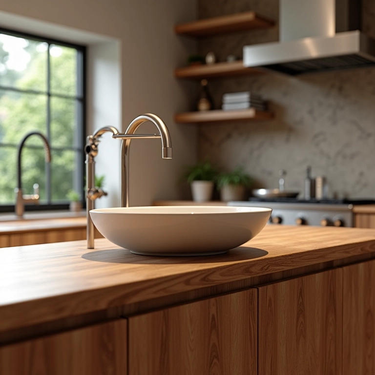 Bancada de madeira e pia esculpida: elegância.