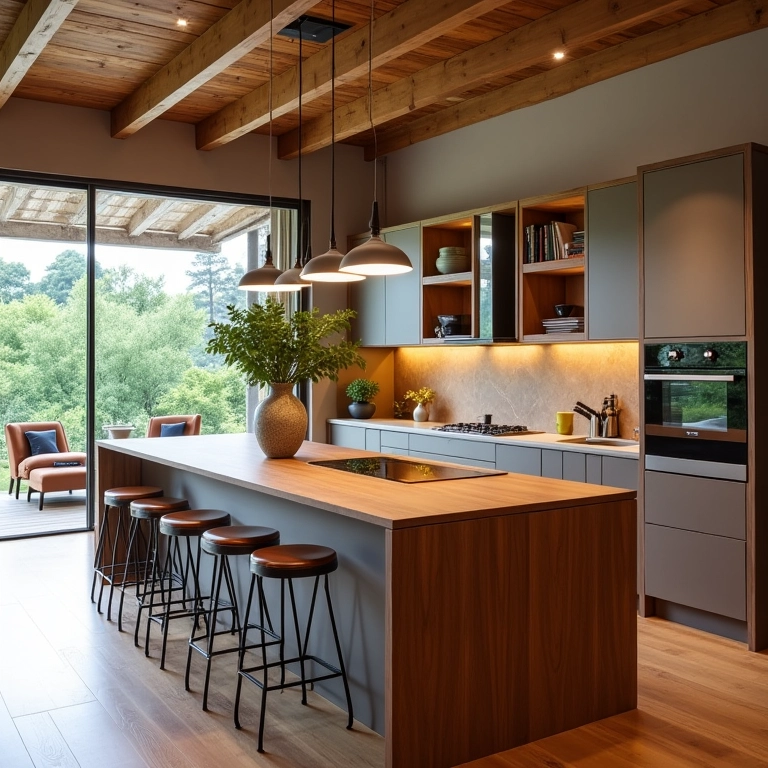 Bancada de madeira na cozinha americana: integração.