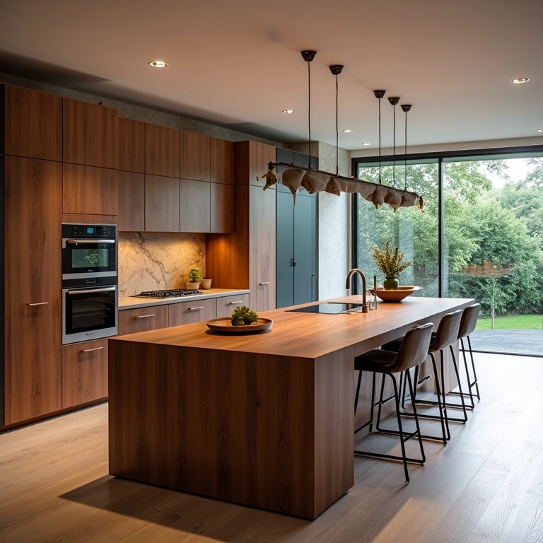 Bancada de madeira na ilha da cozinha: sofisticação.