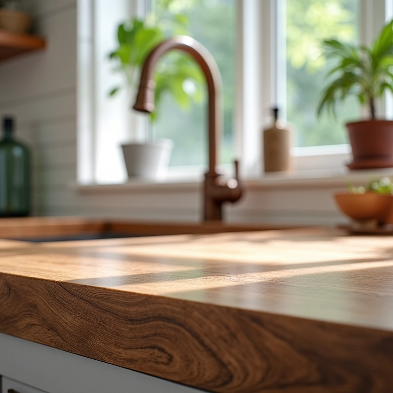 Bancada de madeira perto da pia, com tratamento impermeabilizante.