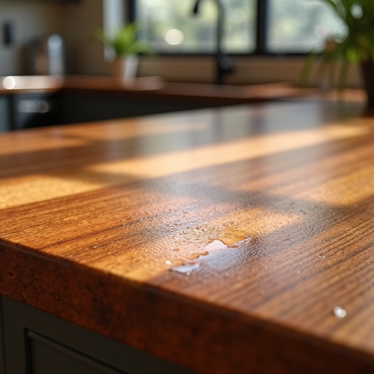 Bancada de madeira protegida contra umidade, mostrando gotas d'água.