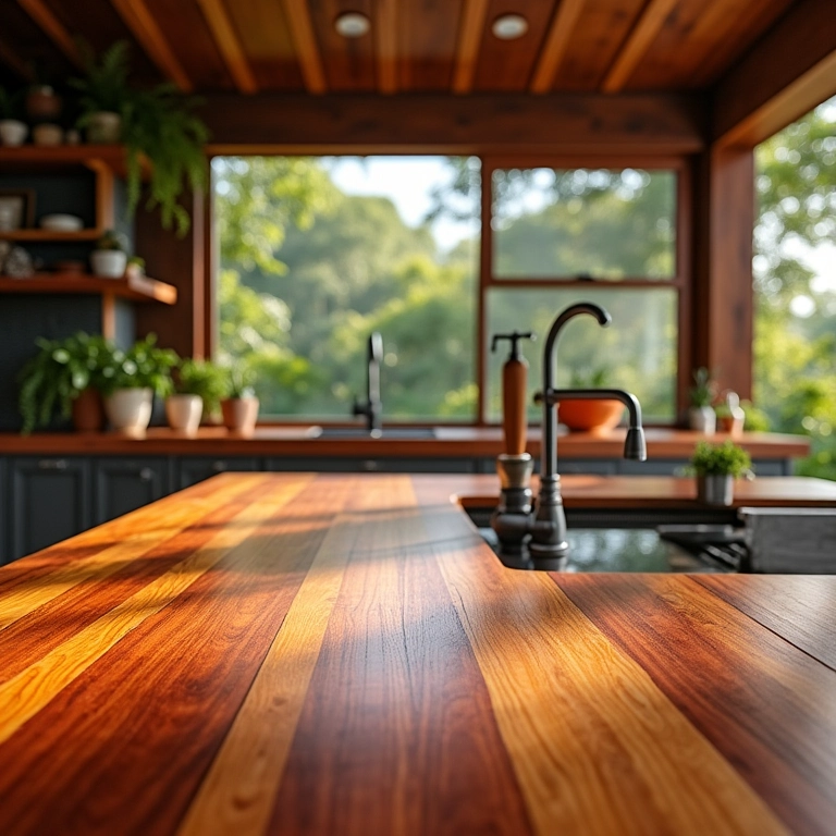 Bancada de madeira vibrante em cozinha com decoração brasileira.