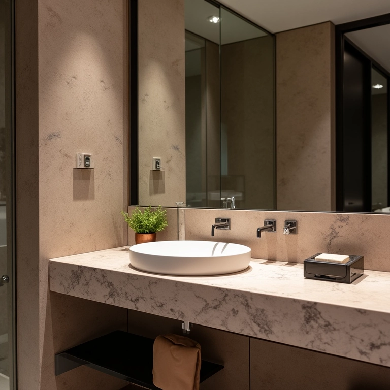 Bancada elegante em lavabo moderno com textura de pedra natural.