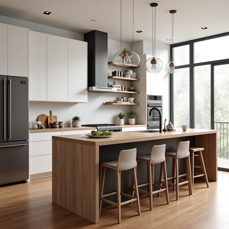 Bancada multifuncional dividindo e integrando a cozinha americana.