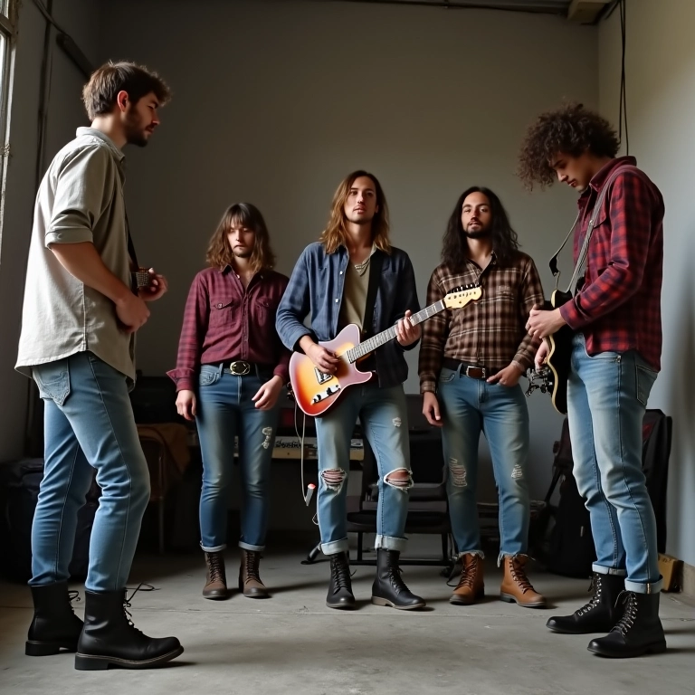 Banda grunge tocando em garagem em Porto Alegre nos anos 90, com visual minimalista.