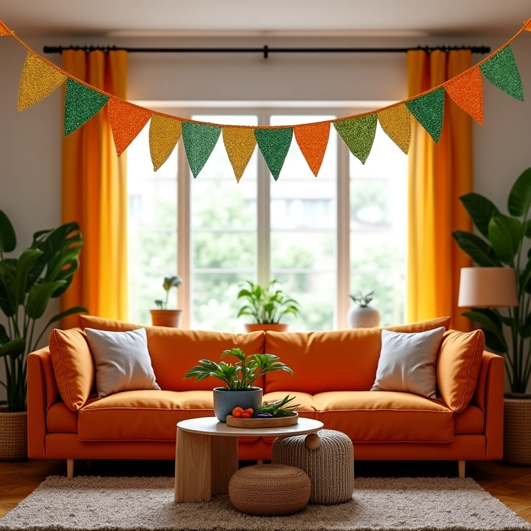 Bandeirinhas coloridas decorando sala para a Festa Junina.