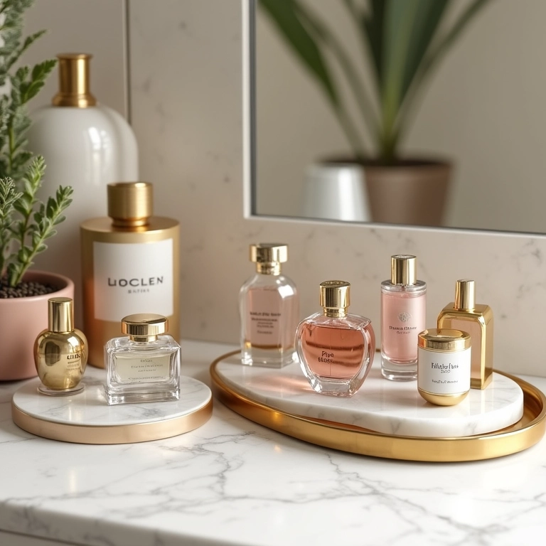 Bandejas elegantes organizando perfumes e cremes em uma penteadeira.