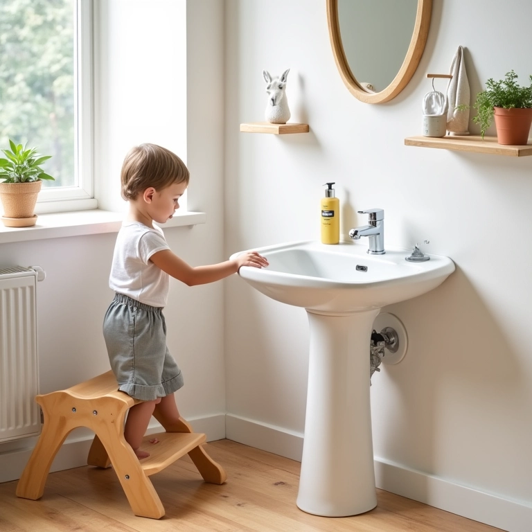 Banheiro autônomo com pia acessível e itens de higiene infantil.