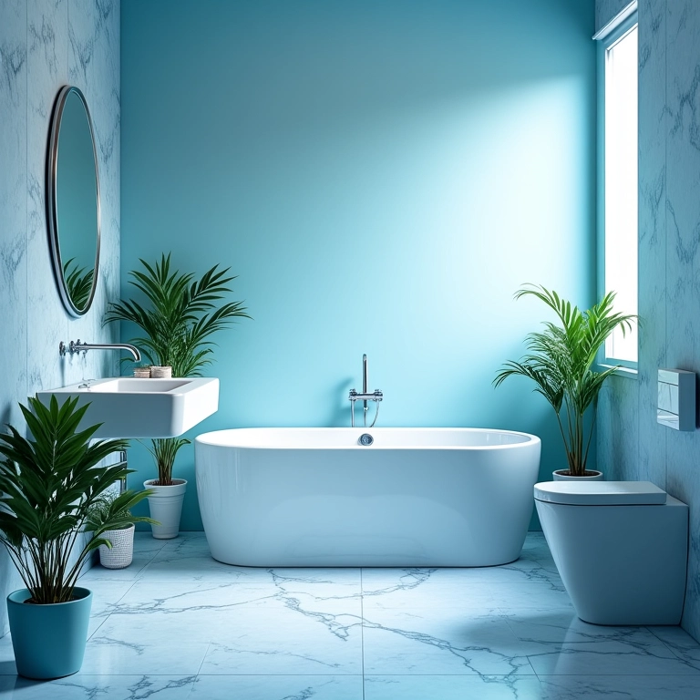 Banheiro com diferentes tons de azul e iluminação natural.